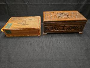 lot 3772 image: White Owl Brand Cigar Box and Carved Wood Box Lot