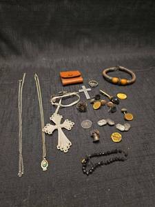 lot 3781 image: Jewelry Lot Religious Crosses Necklaces Bracelets Rings Charms Coins