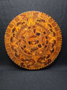 lot 3786 image: Carved Wood Circular Wall Art Panel with Concentric Zodiac Design 20 Inch