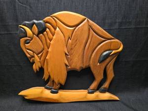 lot 3788 image: Carved Wood Buffalo Figurine with Metal Accents
