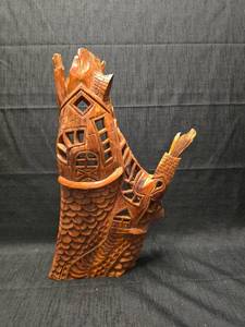 lot 3789 image: Hand-Carved Wood Decorative Sculpture Fish House Tower with Base