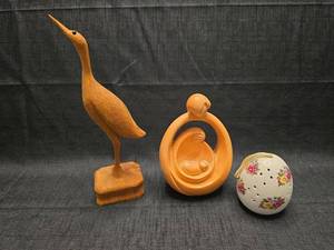 lot 40239 image: Wooden Bird Figurine, Orange Ceramic Dish, Porcelain Egg Shaker Lot
