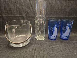 lot 40240 image: Glass Drinkware Lot Ice Bucket, Vase, and 2 Sailboat Tumblers