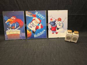 lot 40241 image: University of Kansas Pair of Salt and Pepper Shakers with Seal Mark & KU holiday decor