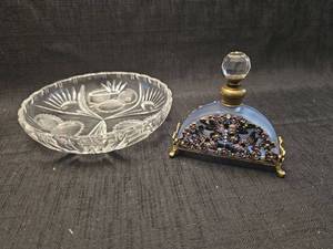 lot 40243 image: Decorative Glassware Lot - Cut Glass Bowl and Ornamental Perfume Bottle
