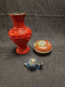 lot 2103 image: Decorative Collectible Objects Lot - Red Carved Vase, Cloisonn� Items, 5 Pieces