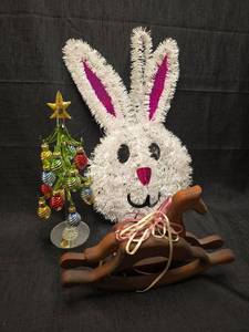 lot 2105 image: Holiday Decorative Set Bunny Head Rocking Horse Christmas Tree