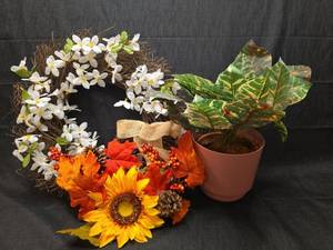 lot 2110 image: Faux Plants and Floral Decor Set with Wreath, Arrangement, and Potted Plant