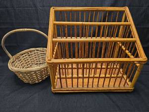lot 2134 image: Wooden Bird Cage magazine rack and Woven Basket Approximately 16 inches