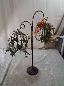 lot 7 image: Wrought Iron Dual Hanging Orb Candle Holder Stand with Faux Floral Arrangements