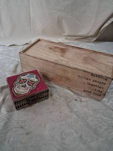 lot 19 image: Houdini Inc. Wooden Sliding Lid Storage Box with Sugar Skull Trinket Box Set