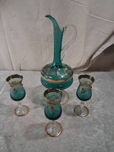 lot 41 image: Teal Glass Pitcher and Cordial Set with Gold Trim and Red Stone Accents 7-Piece