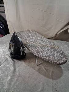 lot 42 image: Tabletop Ironing Board with Chevron Cover and Black Iron