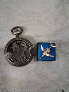 lot 45 image: Pocket Watch with Eagle Design and Aircraft Pin