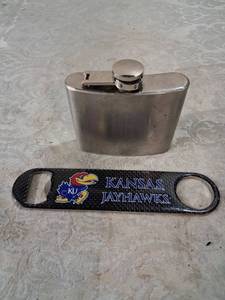 lot 46 image: Stainless Steel Flask with Kansas Jayhawks Bottle Opener Set