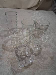 lot 65 image: Glass Drinkware Lot 7 Pieces Assorted Styles Cups Goblets Tumblers