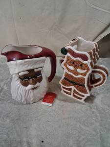 lot 68 image: Pitcher Holiday Ceramic Creamer Set 2 Pieces Santa Gingerbread