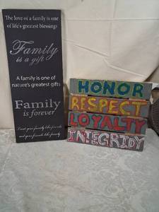 lot 71 image: Lot of 2 Wooden Wall Art Plaques Family Quotes and Honor Respect Loyalty Integrity