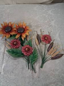 lot 88 image: Artificial Flower Arrangement Set Orange Sunflowers Red Zinnias Cattails Made in China