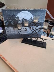lot 137 image: Canvas Wall Art Mountain Moon Scene 22 x 16 inches with Metal Candle Holder
