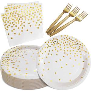 lot 1086 image: WXLDGHQ White and Gold Paper Plates Napkins Party Supplies,Disposable Gold Dot Paper Dessert Plates,105 PCS Birthday Plates and Napkins Party Supplies for Wedding(Serves 35 Guests 7)