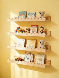 lot 1101 image: icnjdMopclean Scalloped Shelves for Nursery - Wall Book Shelves for Bedroom Kids, Nursery Bookshelf for Wall Set of 4, Floating Book Shelves Solid Wood,16 Inch, Natural