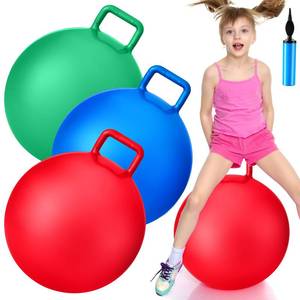 lot 1102 image: Lewtemi 3 Pcs 22 Inch Bouncing Ball with Handle, Outdoors Hopper Jumping Hopping Ball and Air Pump for Sports Exercise (Red, Blue, Green)