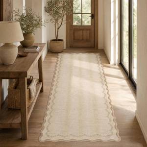 lot 1103 image: GarveeHome 2.6x10 Scalloped Washable Runner Rug for Kitchen, Soft Jute Long Hallway Runner Non Slip Entryway Rug Farmhouse Thin Laundry Mat Stain Resistant Carpet for Bathroom Beside Rug