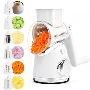 lot 1112 image: SUSTEAS Rotary Cheese Grater with Handle,Vegetable Slicer with 6 Interchangeable Blades, Reinforced Suction,Easy to Clean,Kitchen Shredder for Crushed Ice,Fruits and Nuts with Blade Storage Case,White