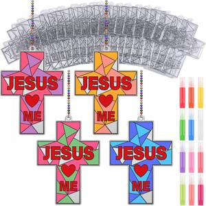 lot 1124 image: Blueweenly 72 Pcs Christian Crafts Cross Craft Kit to Paint Religious Cross Suncatchers Ornaments Bulk for Catholic Schools Week Sunday School DIY Window (Jesus Love Me)