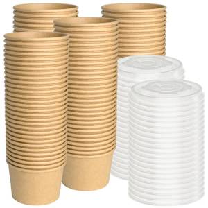lot 1130 image: ESSENTIAL Paper Ice Cream Cups with Lids, 120pcs 8oz Disposable Dessert Bowls with Lids for Hot or Cold Food, Paper Snack Containers for Sundae, Frozen Yogurt, Soup (Brown)
