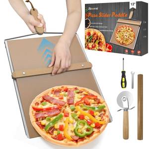 lot 1135 image: Sliding Pizza Peel, Pizza Slider Paddle with Pizza Cutter Rocker, Non-Stick Pizza Peel Slider with Handle Detachable Transfers pizza shovel, 12 Stainless Steel Sliding Pizza Peels with Baking cloth