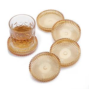 lot 2093 image: OGANAZI Modern Clear Coasters Set of 5- Glass Cute Coasters for Drinks Crystal Coaster Round Chic Cup Mat Cute Coffee Table Coaster for Kitchen, Bar, Dining Room, Living Room, Patio(Amber)