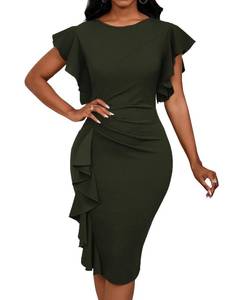 lot 2098 image: Dress for Women 2026 Summer Army Green Dress Basic Ruffle Flared Short Sleeve Spring Autumn Cuhrch Bodycon Crew Neck Pencil Midi Funeral Dress(Army Green Large)