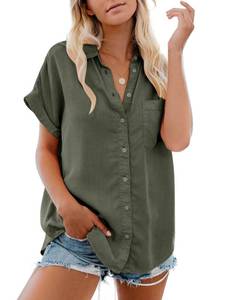 lot 2100 image: Womens Button Down Casual Shirts Cotton Short Sleeve Blouses Solid Summer Tops with Pocket Army Green M