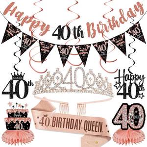 lot 2110 image: Kuxriox 40th Birthday Decorations for Women, Rose Gold Happy 40th Birthday Banner Crown and Sash, 40 Year Old Bbdy Tiara Honeycomb Centerpiece Hanging Swirls, Forty Bbdy Supplies Kit