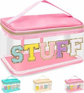 lot 2117 image: Chenille Letter Clear Makeup Bags Stuff Pouch, Preppy Patch Makeup Bag Zipper with Handle, Transparent PVC & Nylon Waterproof Glitter Cosmetic Handbag Travel Toiletry Storage for Women (STUFF-Pink)