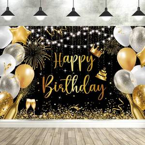 lot 2118 image: Happy Birthday Banner Gold Black and Gold Party Decoration 71x 43 Inch Elegant black and gold happy birthday banner and happy birthday poster, perfect for home or outdoor birthday parties, photo booths, and celebration backgrounds.