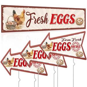 lot 2486 image: Tegeme 4 Pack Eggs Banner Stand Supplies Farm Fresh Farmhouse 1 Pcs 2x10 ft Banner and 3 Pcs Eggs Yard Signs with Metal Stakes Roadside Sign for Egg Sales, Farm Stand, Farmers Market, Backyard Chicken