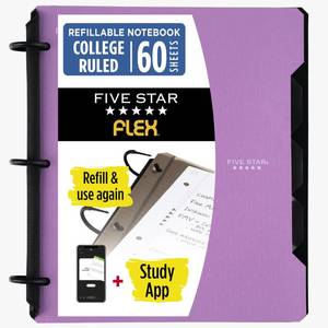 lot 2493 image: Five Star Flex Refillable Notebook  Study App 1 Inch O-Rings Binder with Pockets Tabs and Dividers, 220 Sheet Capacity, Includes 60 Sheets 8.5 x 11 College Ruled Paper, Amethyst (29328AB6)
