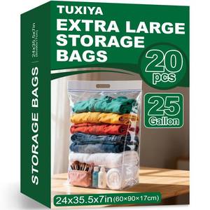 lot 5601 image: 20 PACK 25 Gallon Extra Large Storage Bags, 35.5x 24x 7 Resealable Clear Zipper Bags with Handle, Heavy Duty Big Bag for Clothes Pillow Travel Moving, Expandable Bottom, 8 Mil Thick