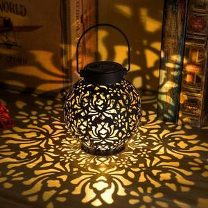 lot 5605 image: 2 Pack Outdoor Solar Hanging Lantern Lights Metal LED Decorative Lamp for Garden Patio Courtyard Lawn and Table with Hollowed-Out Design (Bronze)