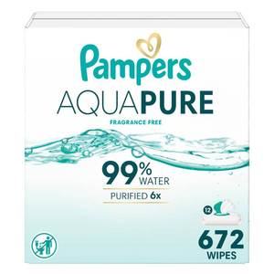 lot 5614 image: Pampers Aqua Pure Baby Wipes, 99% Water, Fragrance Free, Unscented, Water Based, Multi-Use, 672 Wipes Total (12X Flip-Top Packs) Packaging May Vary