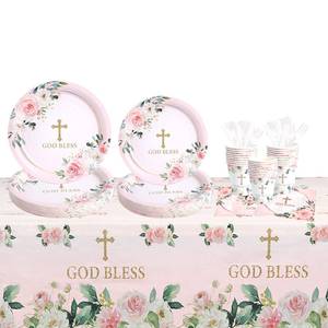 lot 5615 image: 169 pcs Pink Baptism Plates, Napkins, Cutleries, Tablecloth for 24 persons (24)