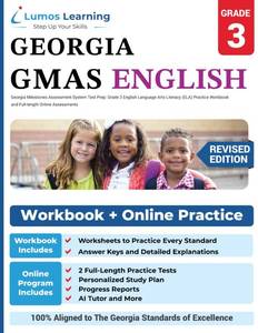lot 6471 image: Georgia Milestones Assessment System Test Prep Grade 3 English Language Arts Literacy (ELA) Practice Workbook and Full-length Online Assessments GMAS Study Guide (GMAS by Lumos Learning)
