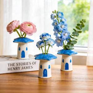 lot 7070 image: MOUGIGI Cute Blue House Ceramic Bud Vase Set of 3 - Handmade Miniature Vase with Star Roof for Dried Flowers, Chic Japandi Style Decor for Entryway, Dining,Coffee Table - Ideal Small Gift for Home