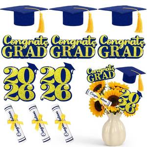 lot 8392 image: DECYOOL 16 Pcs Graduation Centerpieces Sticks for Tables, Blue Gold Felt Graduation Table Centerpieces Decor Class of 2026 Grad Cap Sticks for Graduation Party Decorations Table Cake Topper