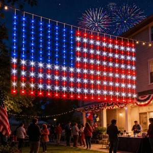 lot 8395 image: RueXig American Flag Curtain Light, USB Powered, 234 LEDs Red White Blue Patriotic American Flag Decor for 4th of July, National Holidays, Memorial Day, Indoor Outdoor Home Porch Courtyard Decoration