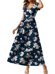 lot 8396 image: Gracyoga Summer Fall Dresses for Women 2025 Maxi Casual Flowy Vintage Wrap Dress Navy Floral Print Vacation Short Sleeve Sundresses V Neck Travel Outfits Size S