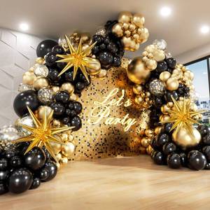 lot 8402 image: FOTIOMRG Black and Gold Balloons Garland Arch Kit, 5 10 12 18inch Black Gold Confetti Latex Balloons for 2025 Graduation New Year Anniversary Birthday Party Decorations
